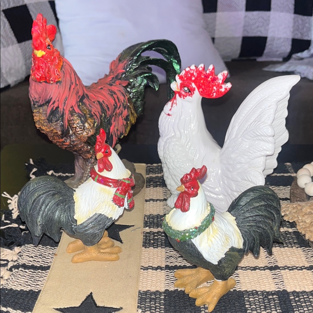 4 piece Colorful Rooster Figurine Set